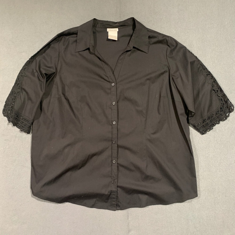 Chelsea Studio 3X Black Button Down‎ Top Crochet Sleeve Plus Size Blouse